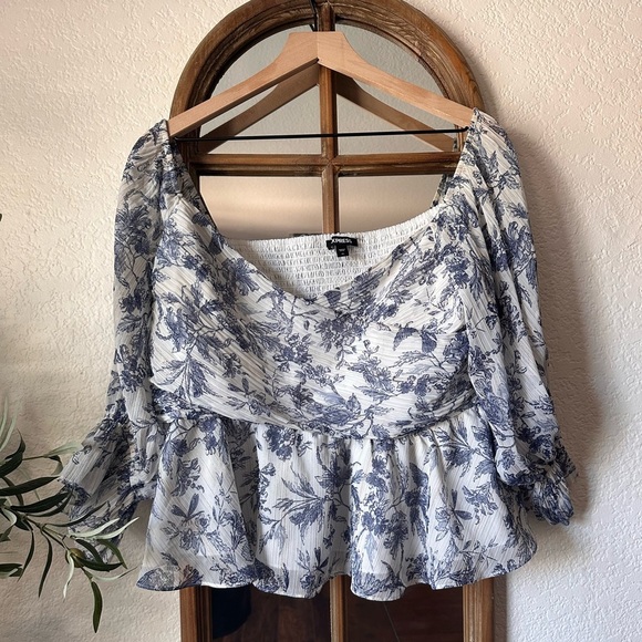 Express Blue & White Cropped Floral Peplum Blouse – XL - Picture 1 of 5